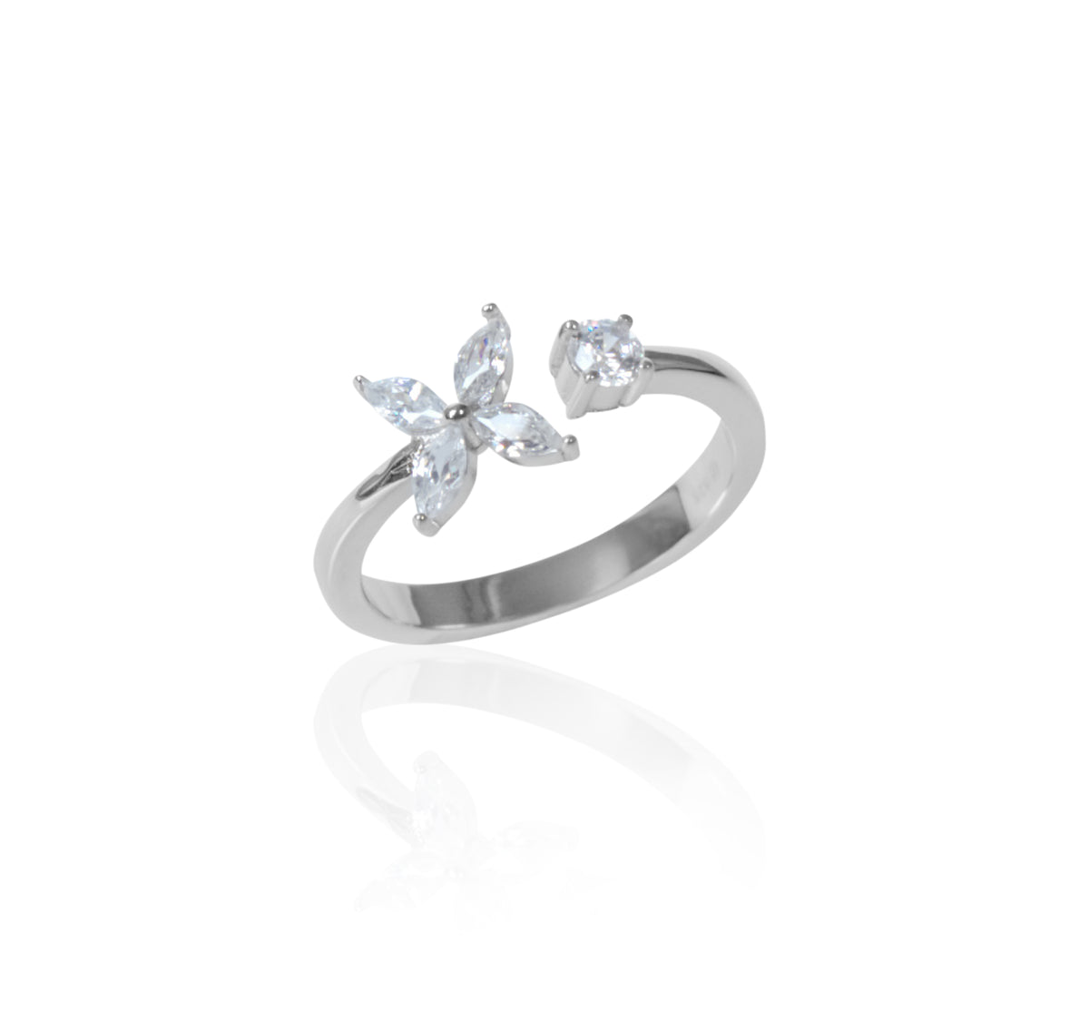 Flower and Pearl Open Silver Ring